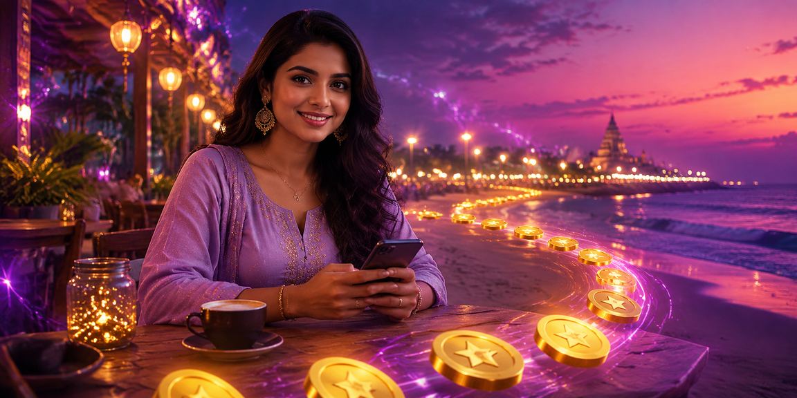Young woman playing online rummy on mobile at Chennai beach